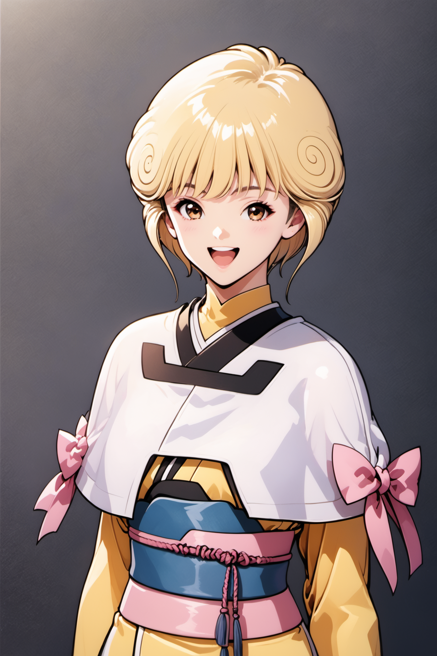 Ai Amano,1girl,solo,blonde hair,short hair,smile,open mouth,looking at viewer,simple background,sash,black background,brown eyes,upper body,bangs,bow,:d,yellow short kimono white pantyhose white capelet pink obi pink bow,score_9,score_8_up,<lora:Katsura Masakazu_XL_PONY:0.9>,
