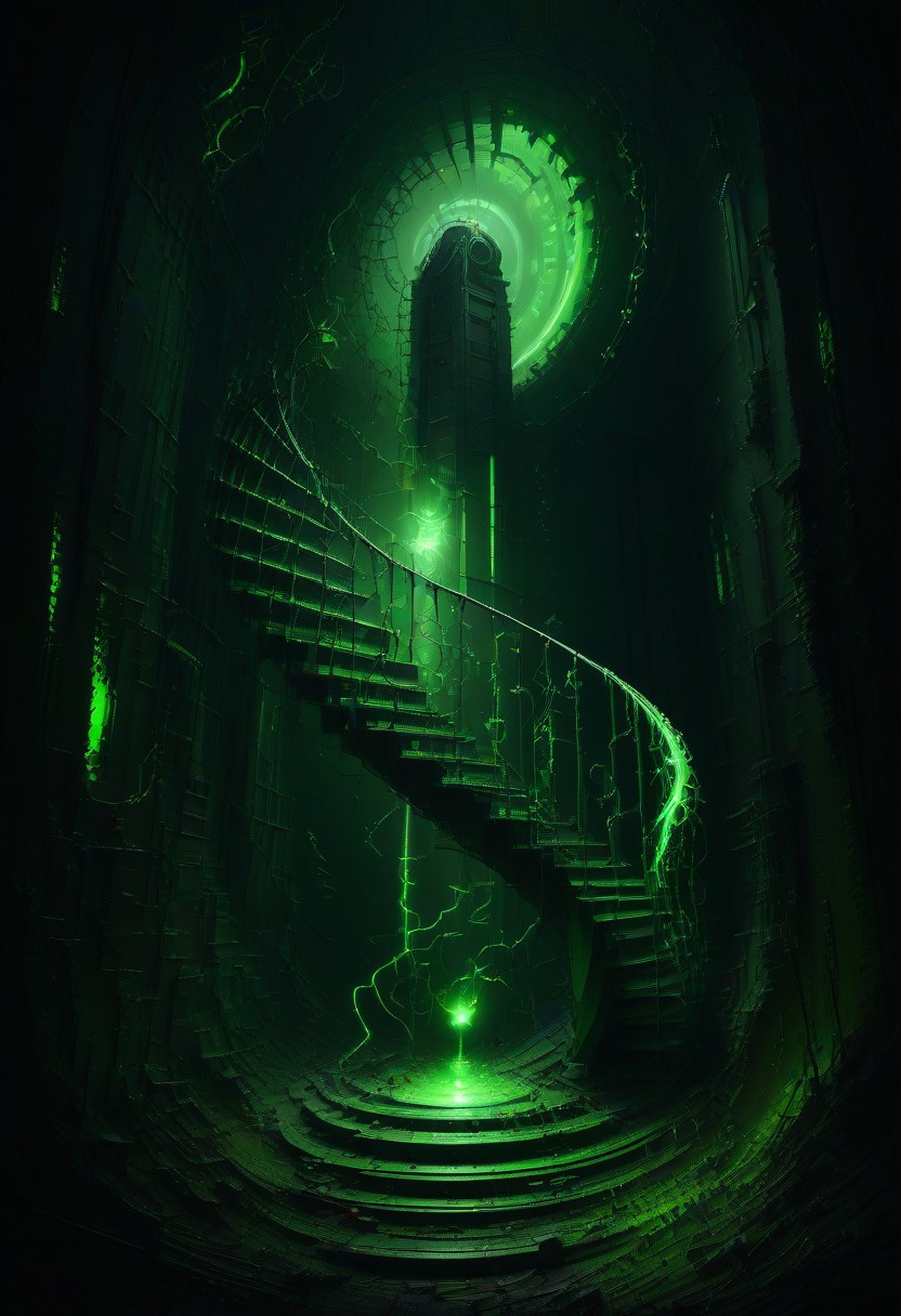green sun, electricity, green glow, green theme, Necron, spiral staircase, chaos,