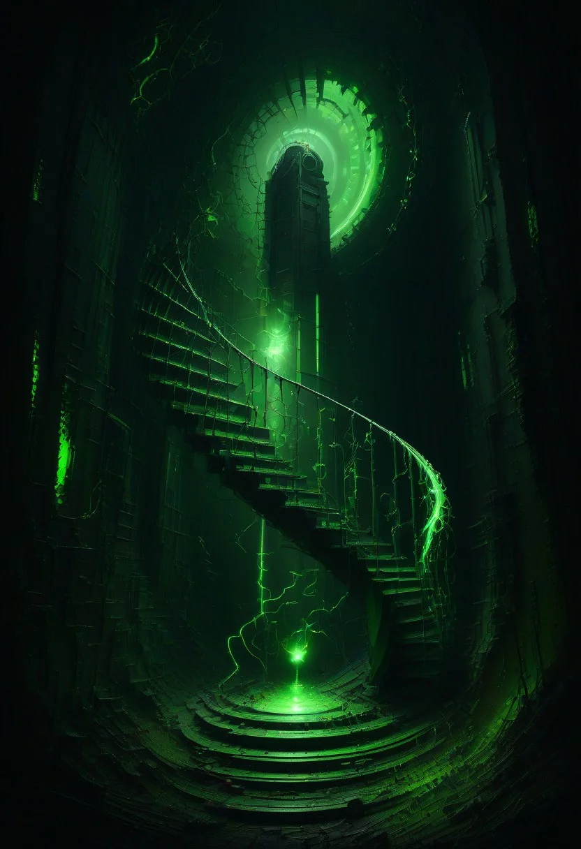 green sun, electricity, green glow, green theme, Necron, spiral staircase, chaos,