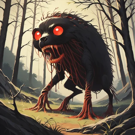 score_9, score_8_up, score_7_up,score_6_up, score_5_up, score_4_up,source_anime,retro artstyle,halftone effect,epic,intricate linework,no humans,creature focus,a black furred barghest with glowing red eyes skulking in the woods,full body,outdoors,forest,horror