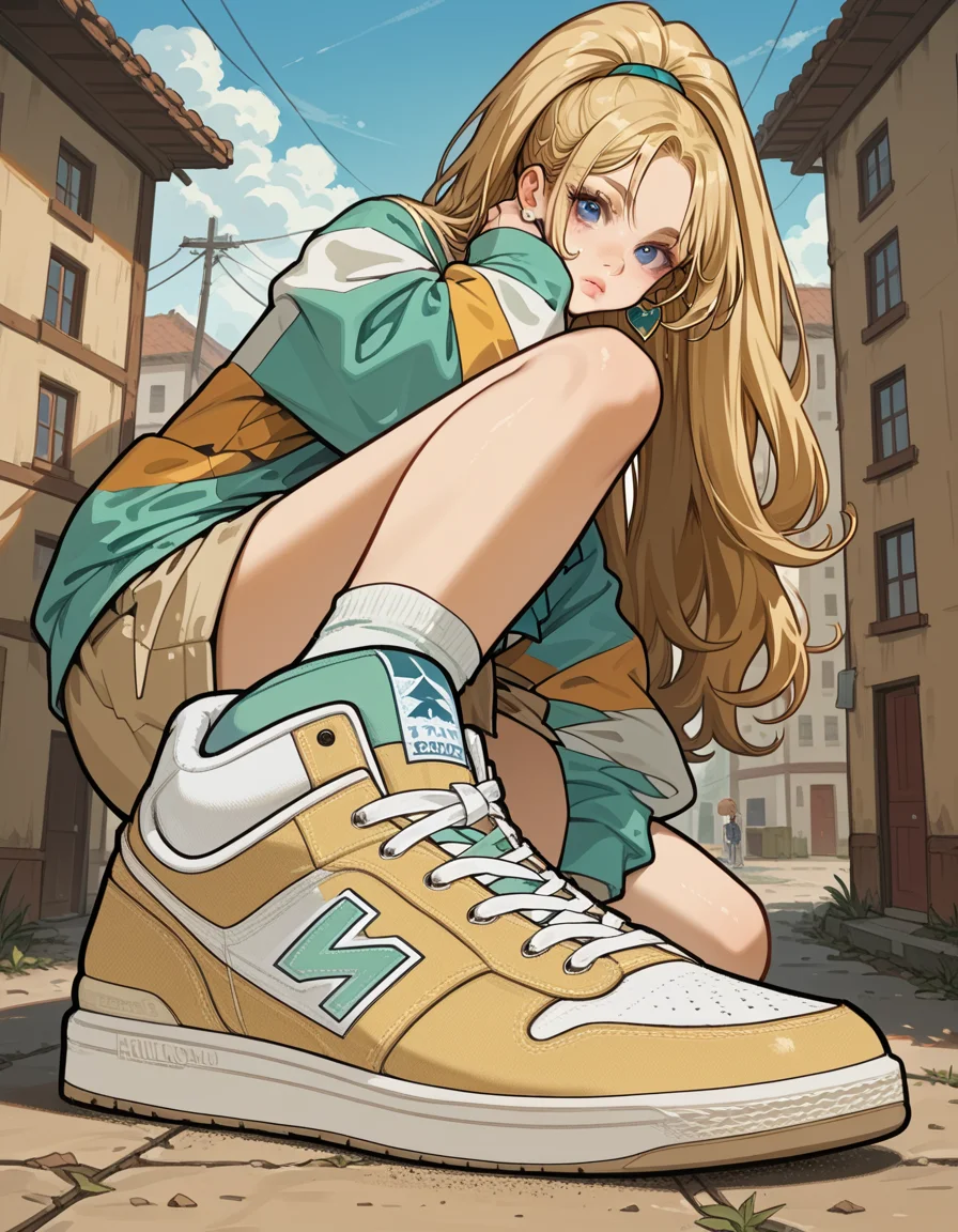 score_9, score_8_up, score_7_up, score_6_up, score_5_up, score_4_up, hud_sh03_sh0w, 1girl, solo, Purple , High Heels, Striped long sleeve tee, khaki shorts, white knee-high socks, and white leather sneakers, Lady, Short, Wide Hips, Round Face, Tan Skin, Golden Blonde Hair, blue Eyes, Narrow Nose, Full Lips, Receding Chin, Long Hair, Thick Hair, High Ponytail, asymmetrical breasts, Dangle earrings, green cream lipstick, Upscale charity gala foreshortening, looking at viewer, <lora:showinshoes:0.8>, outdoors,