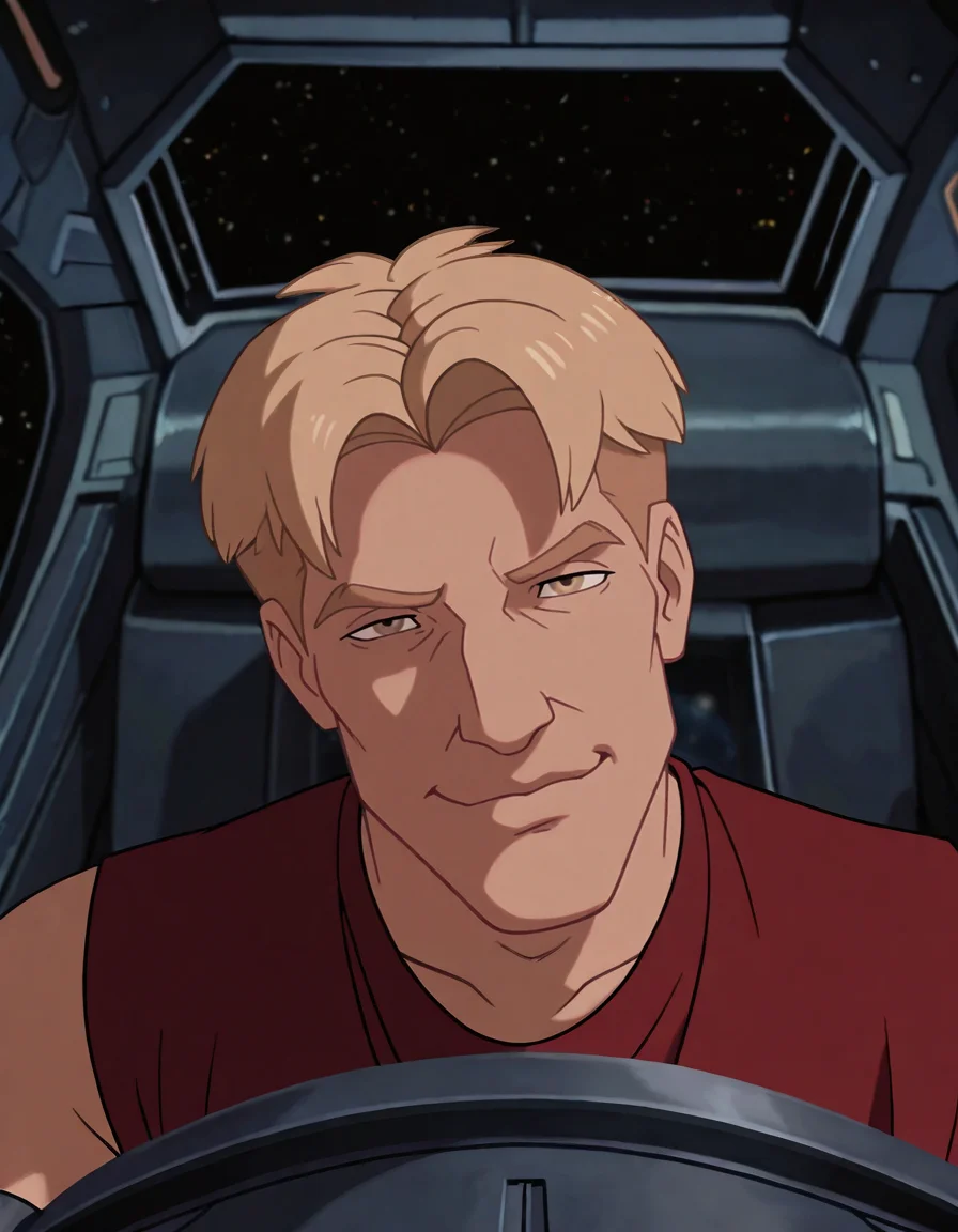 masterpiece, best quality, newest, perfect quality, best quality, instricate details, detailed background, male focus, animated, <lora:Titan AE - Cale Tucker - Illustrious-000007:0.7>, titan_cale, 1boy, mature male, blonde hair, very short hair, hazel eyes, red sleeveless shirt, spacecraft interior, cockpit, space, head tilt, looking at viewer, portrait, smirk