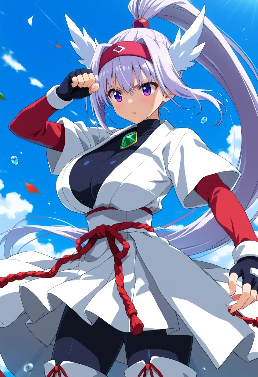 score_9, score_8_up, score_7_up, score_6_up, score_5_up, source_anime,
1girl, solo,
<lora:akidra3:1>, akidra, blue and grey and white hair, very long hair, purple eyes, high_ponytail, no pants, thigh boots, white boots, long skirt, white skirt, white japanese clothes, red rope, hairband,headband,head wings, gem, black tight shirt, white sash, white kimono with short sleeves, long sleeves, red sleeves,black fingerless gloves
shiny skin, sweat, huge breasts, fighting stance,