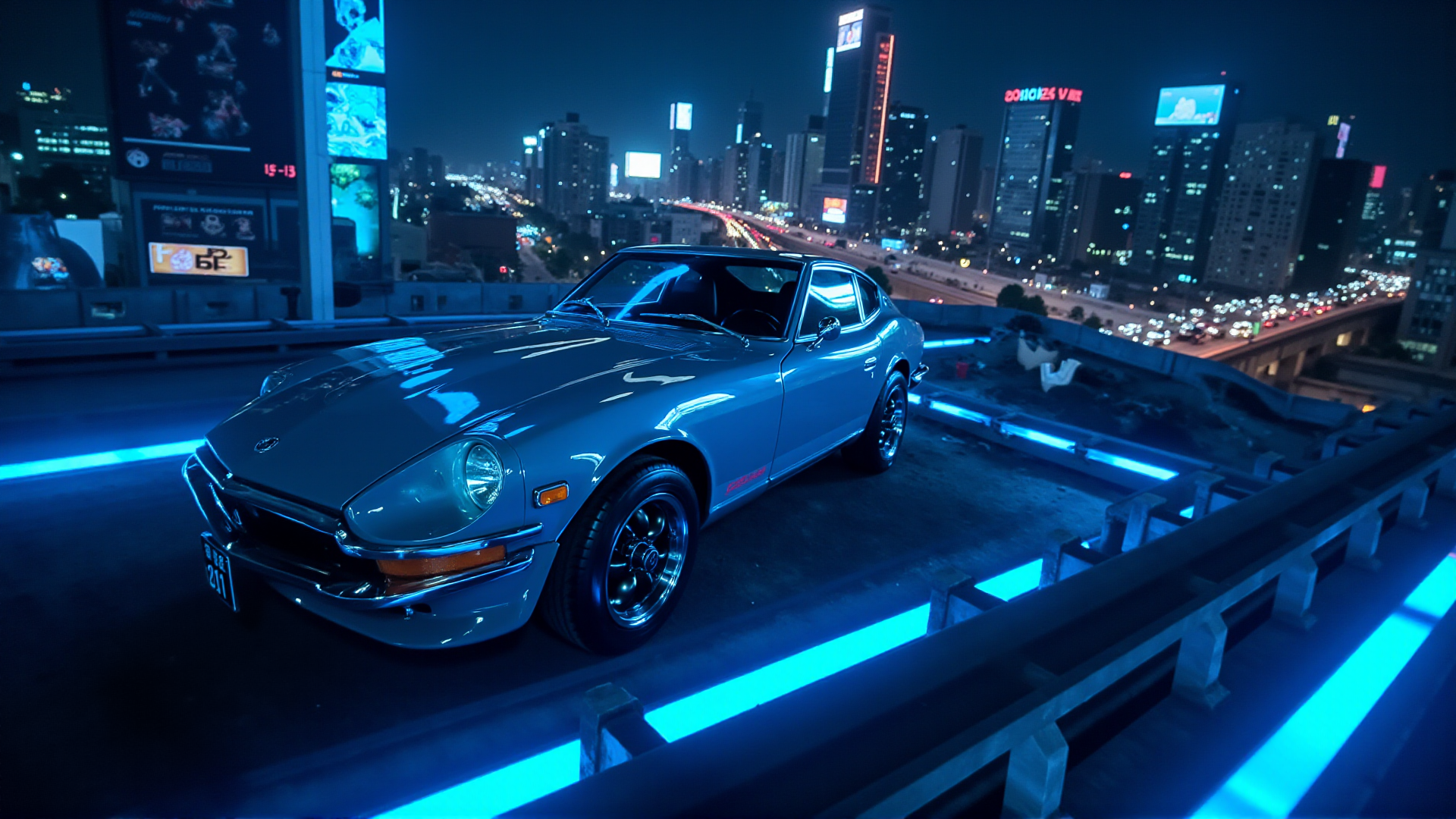 Suspended high above a bustling city on a glowing skybridge, a 1972 Nissan Datsun 240Z Fairlady in metallic silver gleams under the artificial blue light of the futuristic setting. The long hood and recessed round headlights reflect the digital billboards and holographic displays that line the cityscape below. Its streamlined silhouette blends harmoniously with the sleek, modern architecture, showcasing a timeless design against a backdrop of innovation and technology. The hum of distant flying cars amplifies the sense of motion and energy
<lora:ral-nssndtsn_000001000:1>