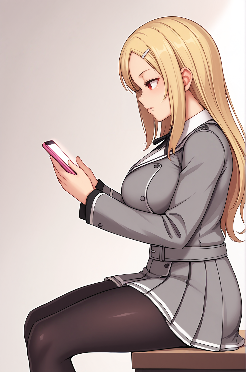 anime artwork, score_9, score_8_up, score_7_up, source_anime, BREAK, thick outline, fat outline,
Shiki_XL, blonde, long hair, red eyes, mole under mouth, hairclip, large breasts, BREAK, shiki_school_outfit, school uniform, black pantyhose, grey jacket, grey skirt, neck ribbon, grey belt, BREAK, sideview, sitting, loking down, holding a phone, looking at a phone, pink phone,
<lora:Shiki_XL:0.7>
<lora:PersonalAmi_PonyXL:1>