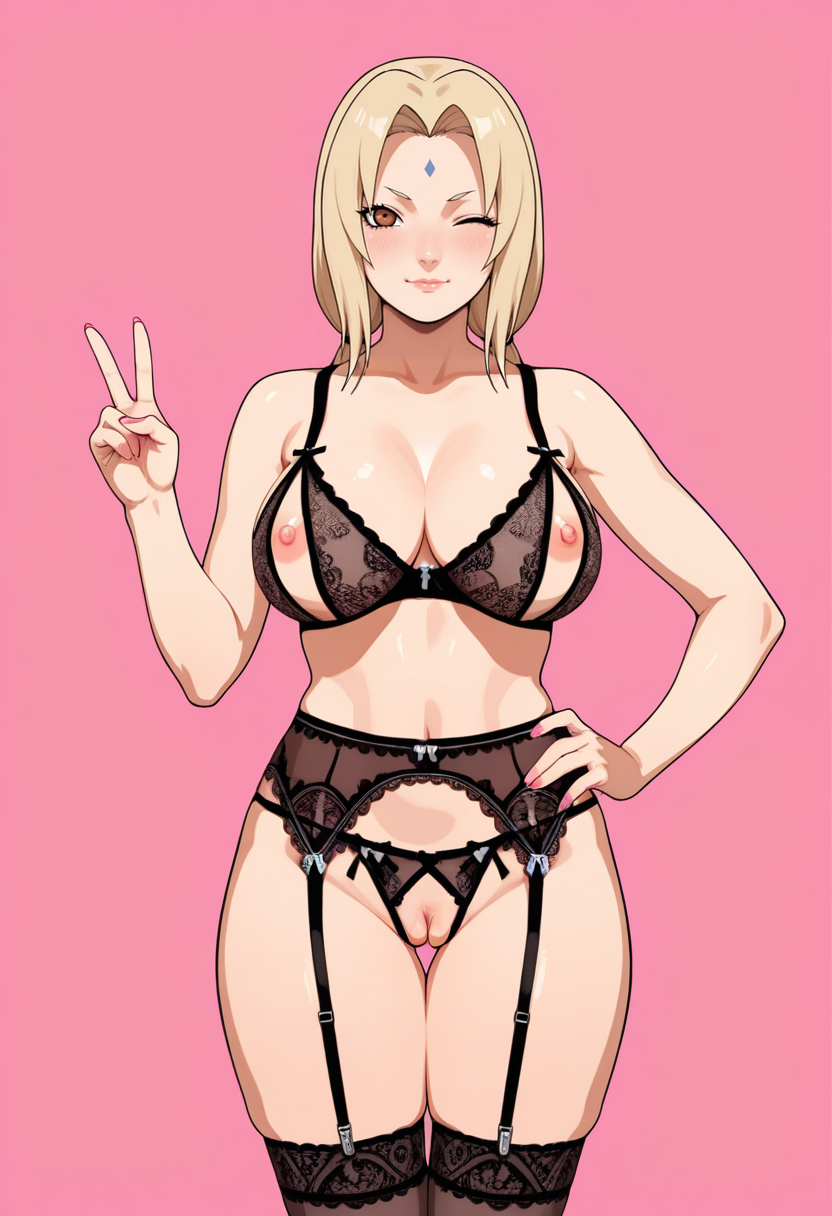 masterpiece,best quality,absurdres, amazing quality, uncensored,
1girl, solo,
standing, hand on own hip, 
looking at viewer, one eye closed, v,
<lora:Open_Lingerie:1> 0p3nl1ng3r13, nipples, thighhighs, garter straps, garter belt, bra,
simple background, pink background,  tsunade \(naruto\),  mature female, medium breasts,