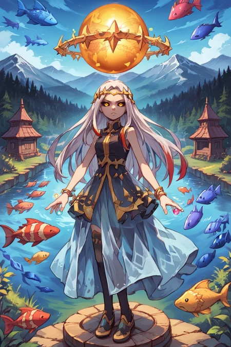 score_9, score_8_up, score_7_up, source anime, BREAK, <lora:Maxwell:0.8> , mxwdef, 1girl, colored sclera, black sclera, yellow eyes, white hair, long hair, multicolored hair, (red highlights), circlet, black dress, sleeveless dress, bracelet, gold trim, blue sarong, sarong, see-through sarong, black thighhighs, full body, looking at viewer, night, overlooking forest, mountain, high altitude, scenery, exterior, <lora:backgroundsetXL:0.2> , background, (solo), serious expression, floating, orbs, fish, dragon, clutter, floating objects, orb, purple wing, <lora:hand 4:0.45> , Hand, hands, perfect hands, <lora:cr33pp41ntXLP:0.6> , cr33pp41nt,