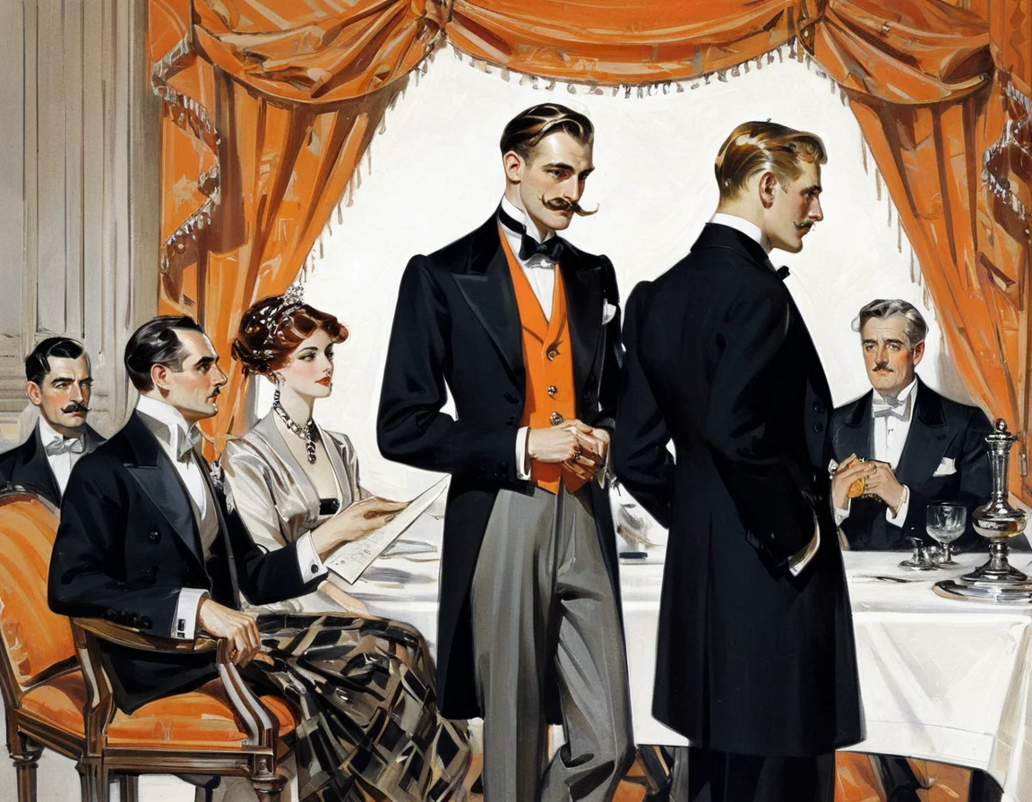 JCLeyendecker illustration depicts a gathering of elegantly dressed individuals, evoking a sense of opulence and sophistication reminiscent of the early 20th century. The color scheme is dominated by earth tones, complemented by splashes of orange and black. From left to right, an array of personalities is captured with attention to detail. The first figure, seen from the back, is a man in a black uniform with orange accents, his posture suggesting authority. Next to him stands a gentleman in a fine checkered suit, peering through a monocle, adding a touch of aristocracy. Further along, another man is engrossed in a document, donning an impeccably tailored black suit, complete with a bow tie. To his right stands a man in an unblemished suit and bow tie ensemble, his expression enigmatic, while a woman with auburn hair and beaded jewelry exudes grace and elegance. Lastly, a gentleman in a formal military uniform with ornate epaulettes and a distinct mustache adds an air of gravitas to the scene. A patterned blanket or shawl drapes over the edge, indicating that the group may be seated in a box or private setting. The style of the illustration is reminiscent of vintage magazine art, with meticulous attention to the textures and patterns of the clothing. The lighting is evenly diffused, emphasizing the details of each individual and their attire.<lora:JCLeyendecker1-000001:1>