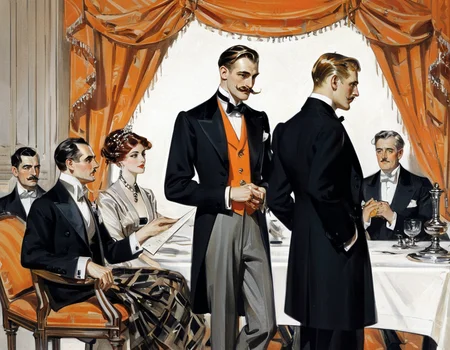 JCLeyendecker illustration depicts a gathering of elegantly dressed individuals, evoking a sense of opulence and sophistication reminiscent of the early 20th century. The color scheme is dominated by earth tones, complemented by splashes of orange and black. From left to right, an array of personalities is captured with attention to detail. The first figure, seen from the back, is a man in a black uniform with orange accents, his posture suggesting authority. Next to him stands a gentleman in a fine checkered suit, peering through a monocle, adding a touch of aristocracy. Further along, another man is engrossed in a document, donning an impeccably tailored black suit, complete with a bow tie. To his right stands a man in an unblemished suit and bow tie ensemble, his expression enigmatic, while a woman with auburn hair and beaded jewelry exudes grace and elegance. Lastly, a gentleman in a formal military uniform with ornate epaulettes and a distinct mustache adds an air of gravitas to the scene. A patterned blanket or shawl drapes over the edge, indicating that the group may be seated in a box or private setting. The style of the illustration is reminiscent of vintage magazine art, with meticulous attention to the textures and patterns of the clothing. The lighting is evenly diffused, emphasizing the details of each individual and their attire.<lora:JCLeyendecker1-000001:1>