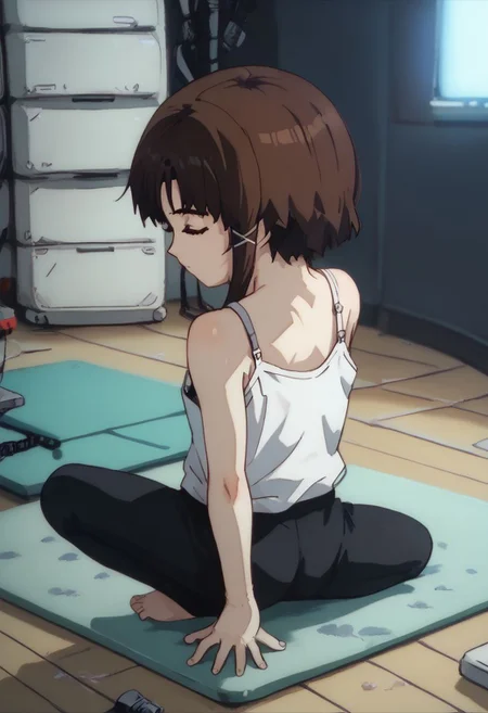 score_9, score_8_up, score_7_up, score_6, source_anime, lain, kneeling, chibi, kawaii, ((plain white camisole)), (((yoga mattress, complex yoga stretching, complex stretching move, very difficult yoga move, wide stretch, wide gap))), ((closed eyes, bliss)), deep breath, HDA_SportsXL, dark computer room, watercooling systems, computer screens, computer room, computers, computer cables, network cables, lain's bedroom, ((low light, pitch dark)), dark night, dark ambiance, (((puddles, wet floor))), night, teddy bears background