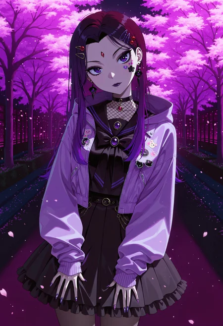 safe_pos, 1girl, Raven, purple eyes, purple hair, long hair, forehead jewel, medium breasts, multicolored hair, gradient hair, two-tone hair, hair ornament, (too many hair ornaments:1.2), hairpins, masterpiece, best quality, absurdres,
(fashion, yami kawaii, goth fashion, decora:1.2), dark pastel colors, black serafuku, fishnet shirt, frilled skirt, circle skirt, petticoat, layered clothes, pastel purple jacket, leather jacket, hood down, sleeves past wrists, dark red  blouse, bows, ribbons, earrings, gem brooch, jewelry,
lipgloss, dark purple lips, long eyelashes, dark eyeshadow, goth makeup, nail polish, long fingernails, purple nails, (nail art:1.2),
outdoors, night, cherry blossom trees, shadow, (dark),
solo, cowboy shot, looking at viewer, head tilt, closed mouth, hands on skirt, sticker on face, sticker on hair,
intricate, highly detailed, majestic, shallow depth of field, movie still, circular polarizer, light particles, particles