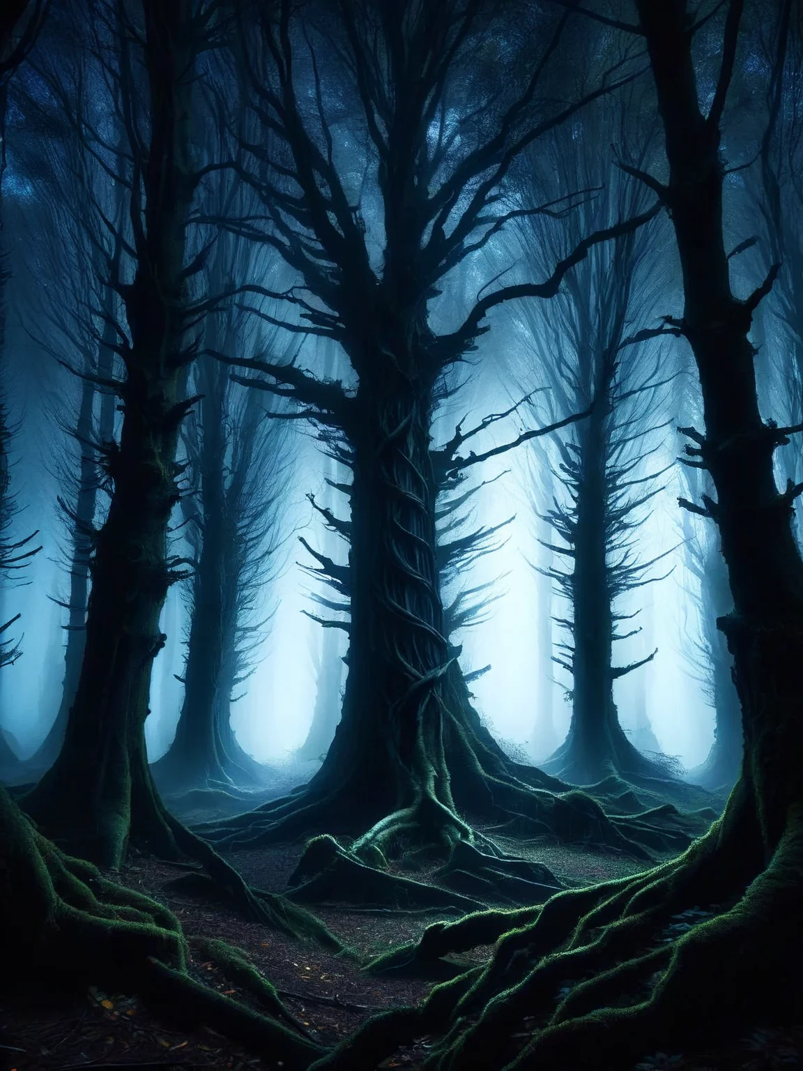 An ancient ais-crsdforest at twilight, the trees twisted and shadows lurking between, a feeling of being watched. <lora:ais-crsd-sdxl:1>
