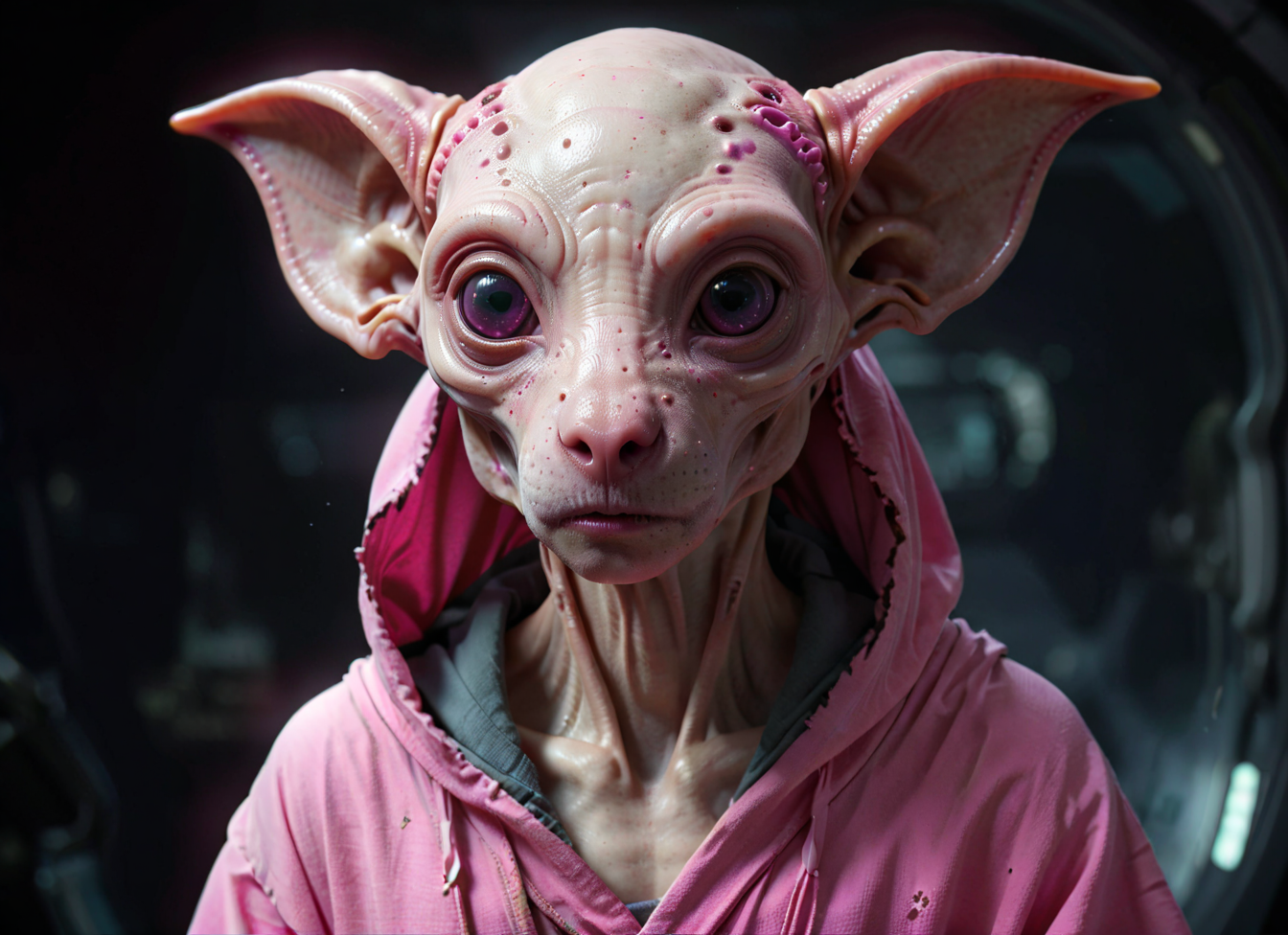 fantasy photoshot, pink (alien:1.2) dog (species:1.2) head, highly detailed, sad, exciting, looking viewer, torn robe <lora:alien-species:0.65>