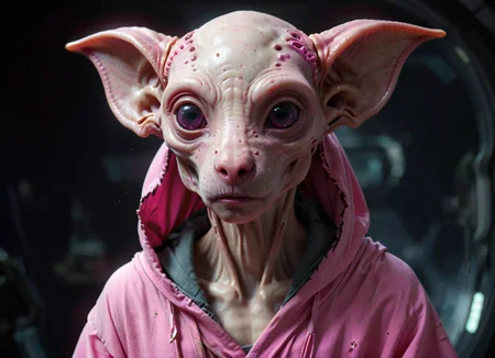 fantasy photoshot, pink (alien:1.2) dog (species:1.2) head, highly detailed, sad, exciting, looking viewer, torn robe <lora:alien-species:0.65>