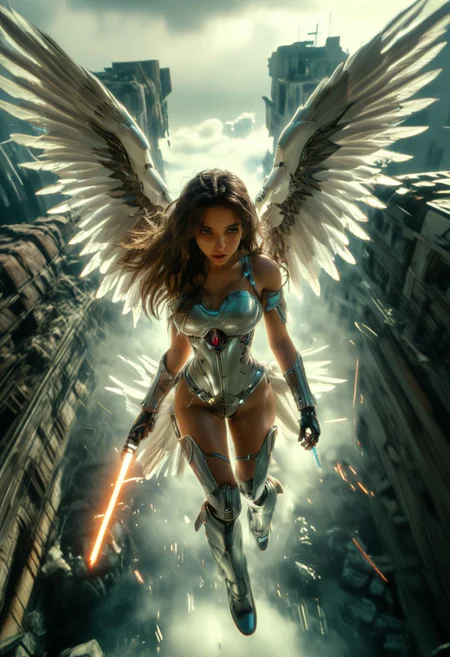 Back view, high angle, raw photo, Photorealistic, cute cyberpunk futuristic brunette angel, spread mech wings, adorned with glowing futuristic jewelry on her ivory glossy armor, flying quickly among ruined buildings, apocalyptic sky, busty, armor cleavage, holding a lightsaber, falling in the air amidst buildings