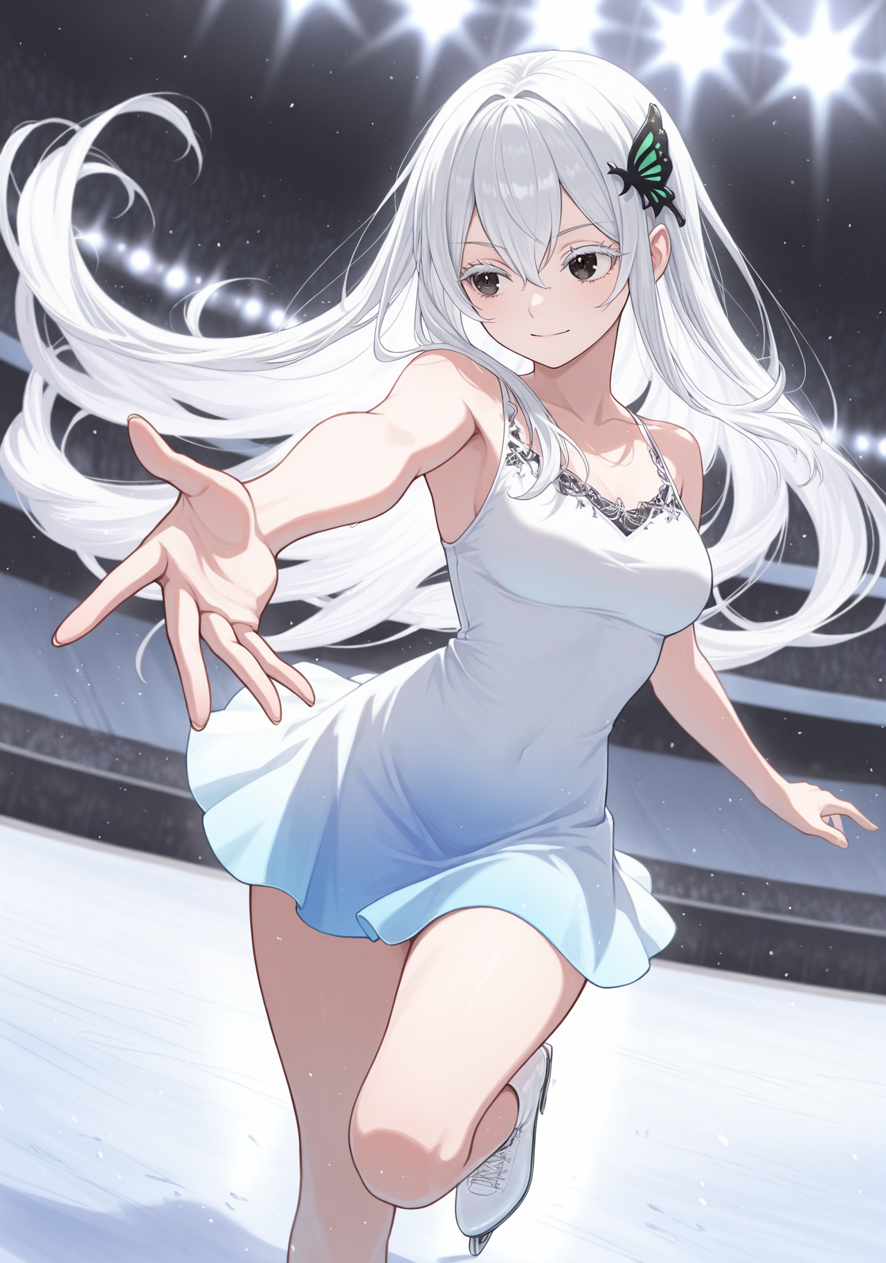 masterpiece, best quality, 1girl, solo, Echidona, white hair, hair between eyes, long hair, thick eyelashes, colored eyelashes, bare arms, figure skating dress, short dress, sleeveless, gradient clothes, arena, audience, ice skating, leg up, foreshortening, light particles, outstretched arm, looking to the side, black eyes, butterfly hair ornament, RNDFit, bare legs, cross-laced footwear, white footwear, ice skates, light smile, closed mouth