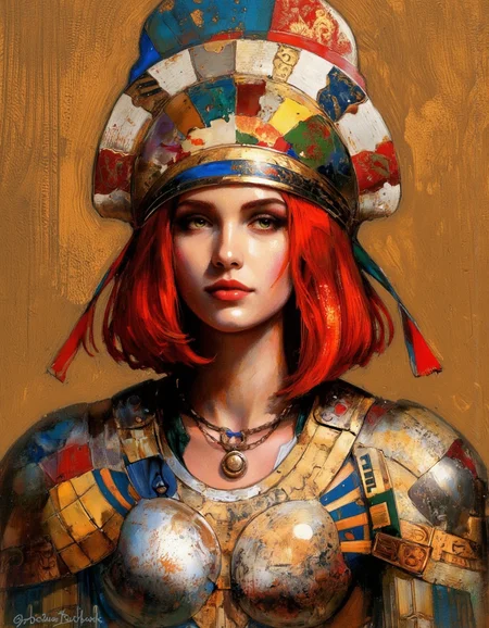 By Joshua Burbank. A digital painting of a portrait of a woman with vibrant red hair, wearing elaborate armor with a colorful patchwork design and a large, ornate headpiece. the woman, who appears to be in her early twenties, is positioned in the middle of the image, facing the viewer with a serious expression. she has fair skin, red hair styled in a bob cut, and her eyes are a striking brown color. her face is adorned with intricate, colorful makeup, and she is wearing a necklace with a pendant. the background is a textured, textured wall with a warm, golden hue, giving the image a sense of depth and texture. the artwork is signed "josh bobbak" in the bottom left corner, adding a personal touch to the overall composition. the style is reminiscent of ancient egyptian art, with bold, vibrant colors and intricate details that bring out the beauty of the woman's face and clothing.