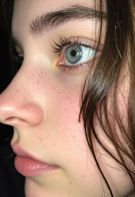 A close-up view shows young woman with fair skin and one bright blue eye visible, reflecting light, late 20s. Her dark eyebrows are visible above the eye, and dark eyelashes frame the eye. The skin around her eye and on her cheek has visible pores and some slight redness. Her nose is partially visible on the left side of the image. Her lips are full and have a pinkish-red color with visible lines and texture. Dark brown hair is visible on the right side and top of the image, with strands falling across her forehead. The background is out of focus and dark.