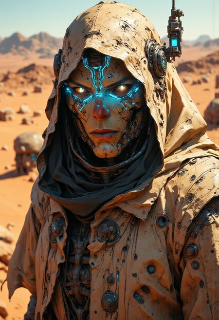 A captivating cinematic close-up of a mysterious, hooded figure set against a warm and muted desert landscape. The figure's sand-colored cloak is adorned with rugged fabric textures and hints of metallic elements peeking from beneath the hood. Their intense, otherworldly expression is framed by a dusty veil, amplifying the gritty, dystopian atmosphere. The figure's eyes glow with an eerie blue light, surrounded by intricate neon blue circuitry patterns that blend ancient and futuristic aesthetics. The background exudes a vibrant, desert-like ambiance, with the air of a forgotten, post-apocalyptic world