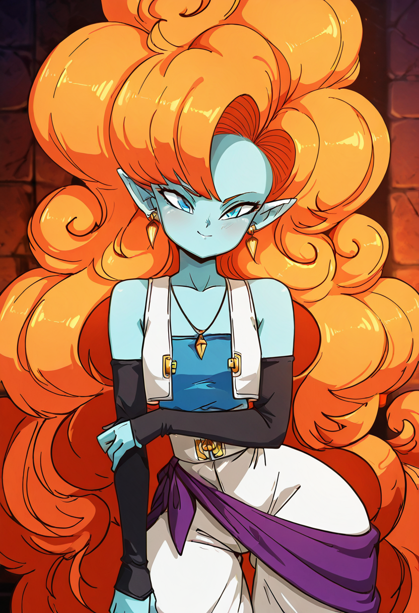 masterpiece, best quality, solo, curvy, beautiful eyes,  narrow waist, wide hips, zZangya, blue eyes, blue skin, pointy ears, orange hair, curly hair, long hair, big hair,  jewelry, necklace, detached sleeves, bare shoulders, vest, gloves, white baggy pants,  ,       <lora:ZangyaDragonballIXL:1.0>, , smile, looking at viewer, cowboy shot,  ,<lora:Diives_NAI:1.0>,