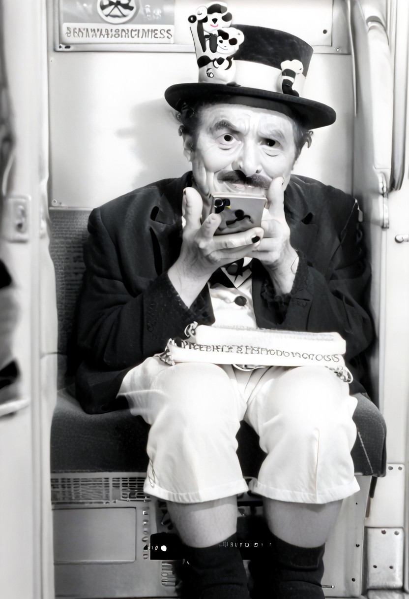 (((black and white, legsonthetra1n, from front, sitting across from viewer, train interior, holding phone, leg focus))),((small man with mustache, top hat, kenbis, chibi, chibi, male only, male, male chibi, monocle, art deco, thick mustache, comically large mustache, handlebar mustache, tiny, multiple men, shrunk, microxl, some little guys,  high angle, from above)), bwMovies, realistic, photo, vintage photo, ((very small man, small man, a small man, a man who is small, a small man)), an unapologetically small human male, black and white, smiling, very happy, euphoric, ecstatic, wonderful small men, large smile, huge smile