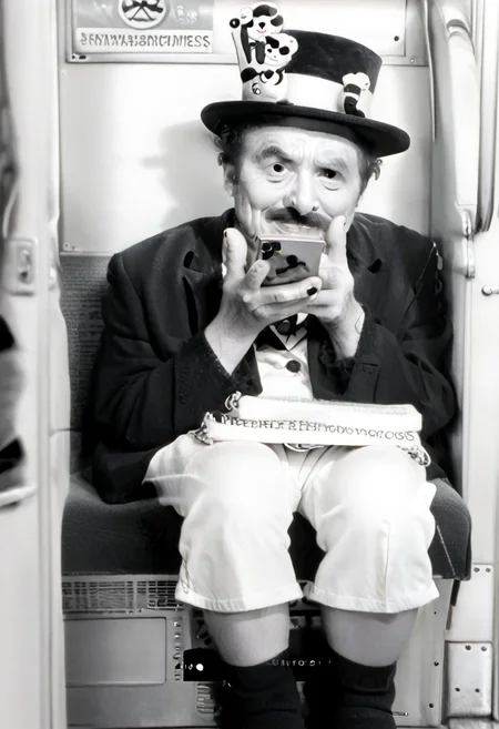 (((black and white, legsonthetra1n, from front, sitting across from viewer, train interior, holding phone, leg focus))),((small man with mustache, top hat, kenbis, chibi, chibi, male only, male, male chibi, monocle, art deco, thick mustache, comically large mustache, handlebar mustache, tiny, multiple men, shrunk, microxl, some little guys, high angle, from above)), bwMovies, realistic, photo, vintage photo, ((very small man, small man, a small man, a man who is small, a small man)), an unapologetically small human male, black and white, smiling, very happy, euphoric, ecstatic, wonderful small men, large smile, huge smile