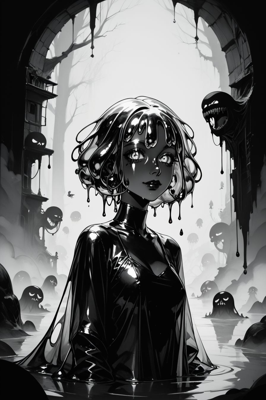 score_9, score_8_up, score_7_up, score_6_up, score_5_up, score_4_up, <lora:GRIM_v1:1>  greyscale, monochrome, limited palette, horror (theme), eldritch abomination, chaotic, silhouette,, <lora:wizardslimev15-t:1> wizardslimus, slime skin, transparent head, transparent body, transparent hair, transparent face, transparent, slime girl, <lora:030483P:0.8> 030483P, woman, 24 years old, <lora:Breast Slider - Pony_alpha1.0_rank4_noxattn_last:0.4>
