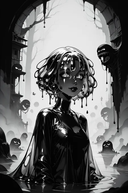 score_9, score_8_up, score_7_up, score_6_up, score_5_up, score_4_up, <lora:GRIM_v1:1>  greyscale, monochrome, limited palette, horror (theme), eldritch abomination, chaotic, silhouette,, <lora:wizardslimev15-t:1> wizardslimus, slime skin, transparent head, transparent body, transparent hair, transparent face, transparent, slime girl, <lora:030483P:0.8> 030483P, woman, 24 years old, <lora:Breast Slider - Pony_alpha1.0_rank4_noxattn_last:0.4>