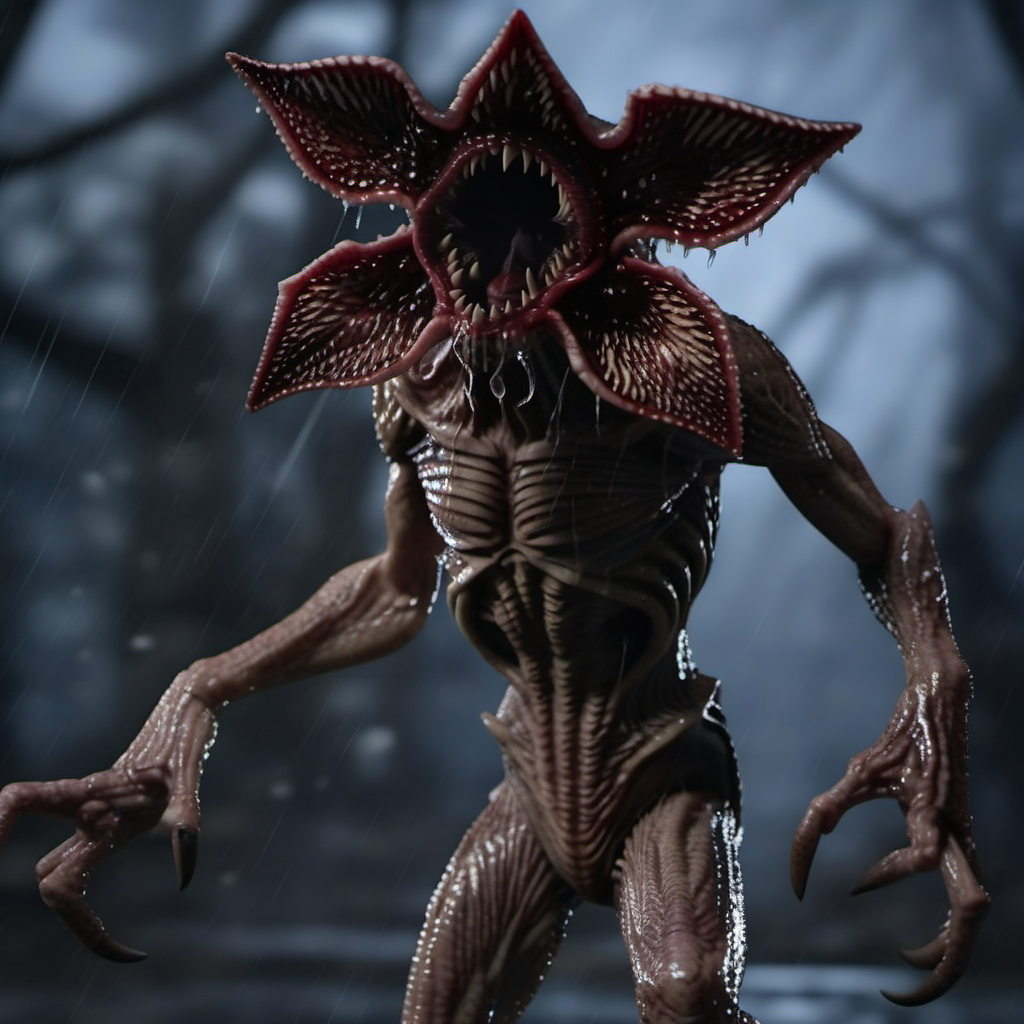 Demogorgon1024, a threatening monter, driping wet, fighting pose, dark, rain, horror, scary, highly detailed , ultra sharp, photograph, film, bokeh, professional, 4k, highly detailed   <lora:add-detail-xl:1.5>
