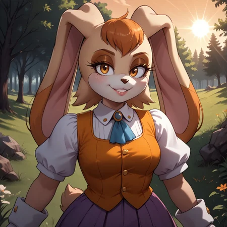 score_9, score_8, BREAK, solo, Vanilla the Rabbit, furry, peach fur, orange tuft of hair, hazel eyes, brown eyeshadow, brown nose, floppy rabbit ears, burgundy-fitted vest with golden buttons, lavender dress, lavender skirt, white gloves, sexy pose, self portrait, smile, outdoors, sunlight, shadows, evening lighting, natural lighting, forest, trees, grass, orange sky, sunset