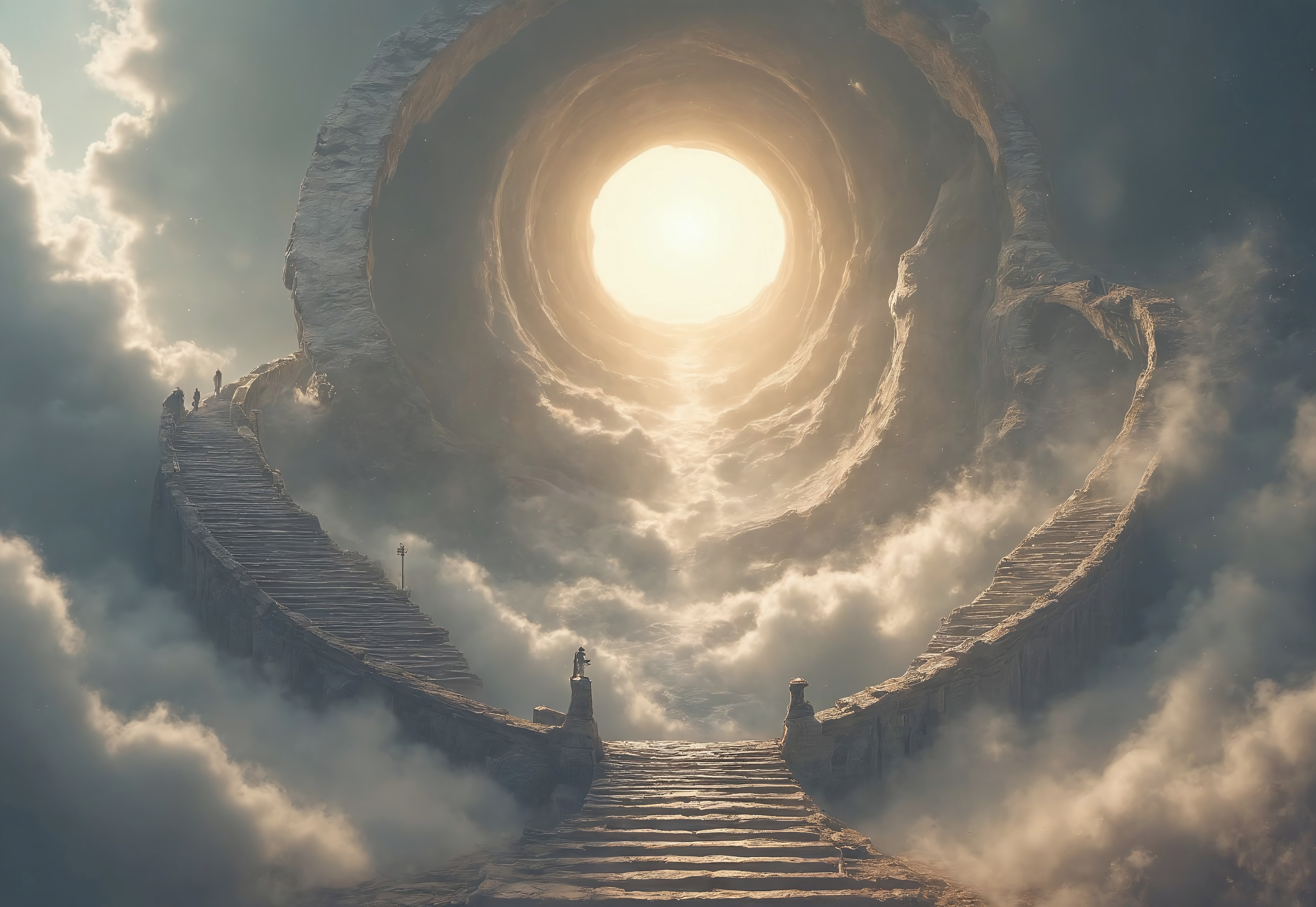 A surreal depiction of the quest for equality, represented by a vast, ((endless staircase winding through the clouds)), with diverse people climbing together toward a shining, elusive doorway at the top. The scene blends elements of fantasy and reality, with barriers along the path symbolizing various social obstacles. The mood is hopeful yet challenging, with ethereal lighting and symbolic motifs scattered throughout.
OverallDetailXL <lora:SDXLFaeTastic2400:0.4> <lora:DetailMaximizer:0.55> detailmaximizer  <lora:Flux-style-xl-lora:0.7> flux-style
