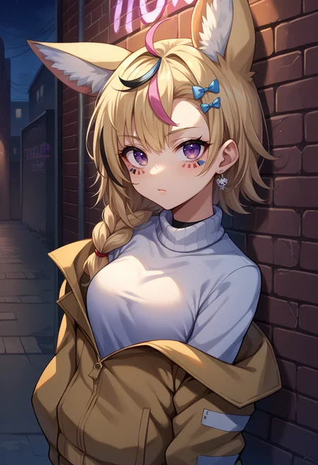 score_9, score_8_up, source_anime, 1girl, solo, OmaruPolka, streaked hair, fox ears, facial mark, side braid, purple eyes, fox tail, earrings, sharp eyes, choker, neon shirt, open jacket, turtleneck sweater, night, against wall, brick wall, graffiti, dim lighting, alley, looking at viewer, <lora:ChamOmaruPolkaPonyXL:1>