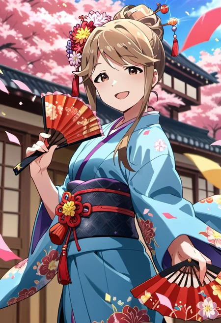 score_9, score_8_up, score_7_up, source_anime,tenkubashi tomoka, brown hair, brown eyes, 1girl, hair ornament, hand fan, confetti, japanese clothes, flower, hair flower, smile, folding fan, hair stick, open mouth, kimono