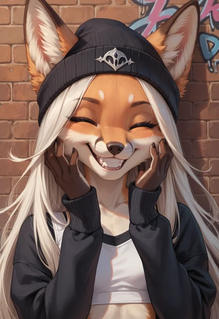 score_9, score_8_up, score_7_up, source_fantasy, high quality, perfection, detailed, aesthetic,
1girl, solo, (face focus:1.2), (close-up:1.2),
brick wall, (graffiti:1.4),
female, anthro, beautiful girl, cute girl, young, youthful, beautiful face, detailed face,
(fox:1.1), orange fur, small breasts, petite, white hair, very long hair, straight hair, ears through hat,
gothic, beanie, black cardigan, (white crop top:1.1),
hands on own face, happy, happy expression, closed eyes, wide grin,