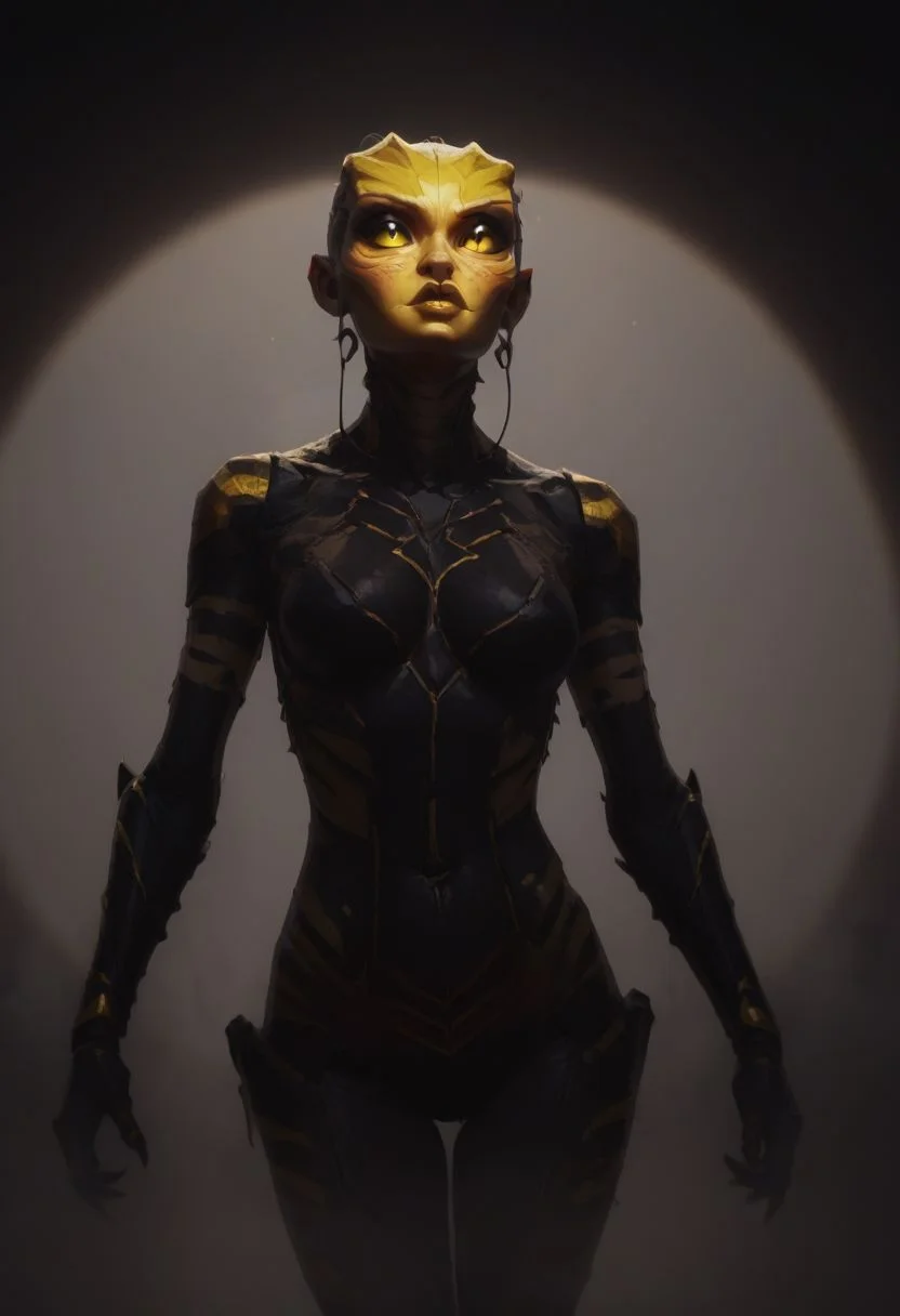 score_9, score_8_up, score_8_up, raw, Thri Kreen, colored sclera, beetle antennae, 2 pairs of hands, black eyes, (black chitin, yellow face chitin, yellow stripes:2), insect wings, white hair, black antennae, fur collar, steel armor, fantasy background, blurred background, arthropod abdomen, arthropod, insect, insect hive background, blurry background, honey, dripping honey, gloden diffuse lighting, dark lighting, Dvorah, (cowboy shot:1.5),
BREAK, arcan3styl3v1, 43stl1ght1ng, low light, dramatic lighting, darkness, smoke, neon, spotlight, concept art, realistic, dark theme, low light,