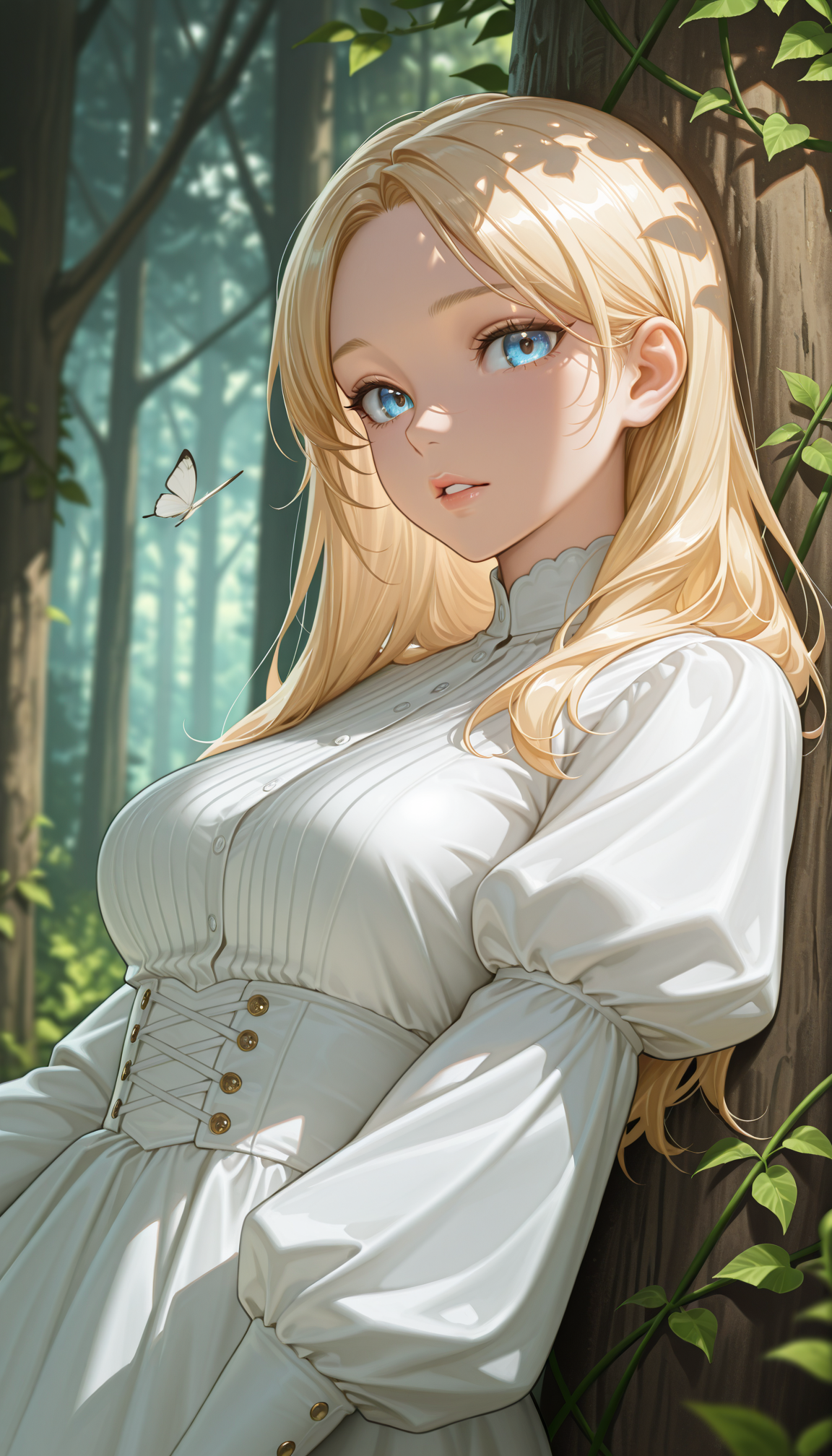 masterpiece, best quality, amazing quality, very aesthetic, 4k, high resolution, ultra-detailed, absurdres, newest, scenery, (dappled sunlight:1.2), rim light, backlit, dramatic shadow, 1girl, long blonde hair, blue eyes, shiny eyes, parted lips, medium breasts, puffy sleeve white dress, forest, flowers, white butterfly, looking at viewer, leaning side against tree, vines, green, arms, upper body, close-up, dutch angle, shiny skin, BREAK, eyes, lips, dramatic shadow, depth of field, vignetting, volumetric lighting