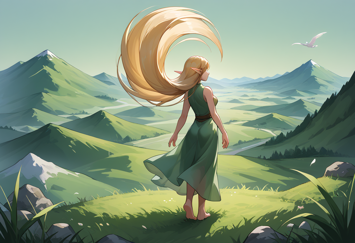 score_9, score_8_up, score_7_up, source_anime, BREAK
1girl, solo, elf, pointy ears, medium breasts, blonde hair, absurdly long hair, hair swish, floating hair, translucent hair, looking away,
standing on grass, green sleeveless dress, barefoot, wind, hill,
(wide shot:1.3), full body, from behind, negative space,<lora:Hair_Swish_Pony:1>