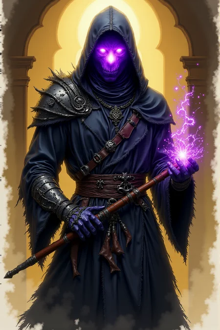 <lora:Vibrant_watercolor_v.21:0.99> VibrantlySharp style. Watercolorsketch style. This dark and enigmatic figure embodies the essence of a shadowy sorcerer, cloaked in mystery and infused with a sinister, arcane energy. Draped in a tattered, hooded robe of deep black and murky gray, the figureâs face is obscured save for a glowing, ethereal violet light that emanates from within the hoodâa pulsing void that exudes otherworldly menace. The texture of the robe is rough and frayed, adding a sense of age and wear, as though it has endured countless rituals and battles. The sorcererâs gaunt, sinewy arms are partially covered in battered armor pieces, etched with runic symbols glowing faintly with the same malevolent purple energy that courses through their being. One hand grips a gnarled staff, its jagged form twisted and unnatural, pulsing with tendrils of violet energy that flicker and writhe like living flames. The other hand glows with raw power, engulfed in crackling, purple arcane fire that seems ready to unleash destruction at a momentâs notice. The magical light illuminates the figure faintly, casting eerie shadows and emphasizing their commanding presence. Around the sorcererâs waist hangs an assortment of arcane toolsâa rusted belt adorned with metal rings, ancient scrolls, and a tome bound in cracked leather, suggesting a mastery of forbidden knowledge. The figureâs stance is powerful yet poised, as if preparing to invoke a dark incantation or summon forces from beyond the mortal realm. The backdrop is an abstract void of swirling earthy tones and dim yellow light, giving the impression of an oppressive, desolate environment. Faint arcane glyphs, rendered in luminous violet, hover ominously in the air behind the figure, adding to the sense of ritualistic magic and forbidden power. The painterly style enhances the raw energy of the piece, with loose, textured brushstrokes emphasizing movement and atmosphere over fine detail. This dark mage radiates an aura of dread and mystical authority, a being shaped by the darkness they wield and feared for the destructive power they command.