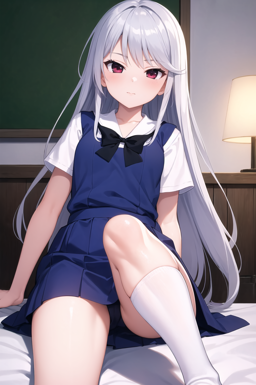 masterpiece, best quality, 1girl, kazami kazuki, silver hair, long hair, red eyes, school uniform, black bow, white kneehighs <lora:KazukiV2-000015:1>
