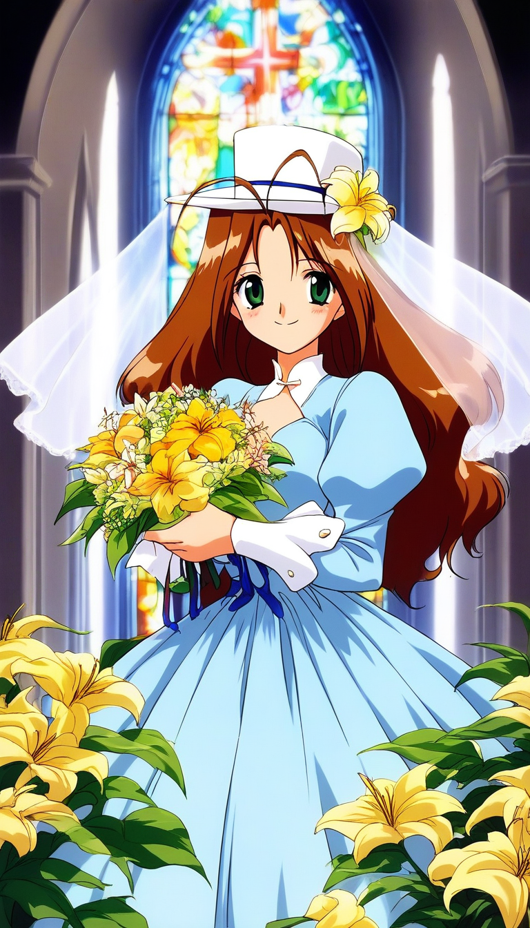 score_9, score_8_up, score_7_up, source_anime, rating_explicit, BREAK <lora:Tanima_Yuri_XL:1>Tanima_Yuri, 1girl, solo, long hair, brown hair, green eyes, antenna hair, breasts, 1990s (style), anime coloring, smile,
light blue dress,  lily (flower), wedding church, flower, bouquet, church, Stained glass,holylight, hat. white hat,
hair flower, hair ornament, smile, puffy sleeves, long sleeves, 
juliet sleeves, bridal veil, bow,