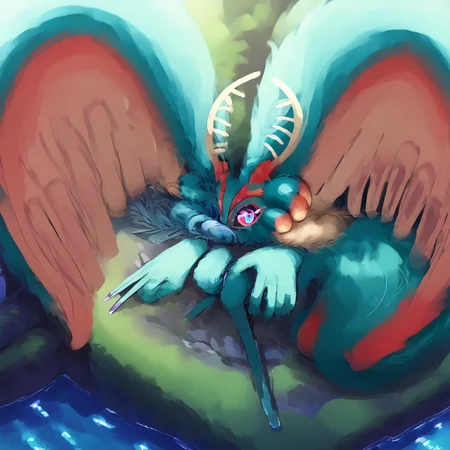 <lora:yumenotamborin:1.5>  <lora:Elfilis:0.8> Fecto Elfilis, blue fur, multicolored eyes, head wings, colored sclera, fluffy tail