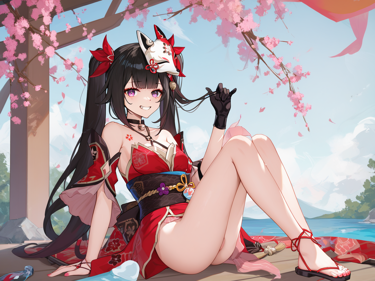 score_9,score_8_up,score_7_up,best quality,masterpiece,4k,uncensored,prefect lighting,rating_explicit,very aesthetic,anime,huahuo,1girl,single_glove,mask on head,sash,black hair,twintails,purple eyes,obi,(fox mask:1.1),single glove,japanese clothes,(Cherry blossom tattoo, chest tattoo:1.1),full_body,grin,seiza on ground,cherry blossoms tree,cherry blossoms viewing,<lora:huahuo-v100-pony-000011:0.9>,, masterpiece, best quality,