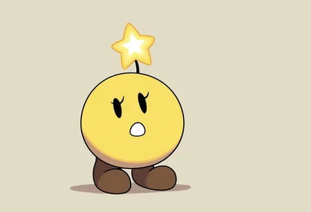 masterpiece, best quality, solo, full body, starlow, round body, yellow body, black eyes, solid oval eyes, eyelash, star above head, brown feet, star \(symbol\), white mouth, standing