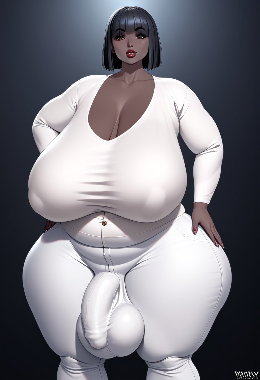 score_9, score_8_up, score_7_up, alt, Expressiveh, masterpiece, dark background, high quality, hd, (ultra high res, ultra detailed, high resolution, highly detailed, 4k, 8k), perfect face,huge eyes,perfect eyes,annabelle,fellatrix style,bbw,gigantic breasts,sagging breasts,fat,overweigh female,straight bob with bangs hair style,black hair,dark skin,grey suitblack skin,,,futanari,huge bulge in pants
