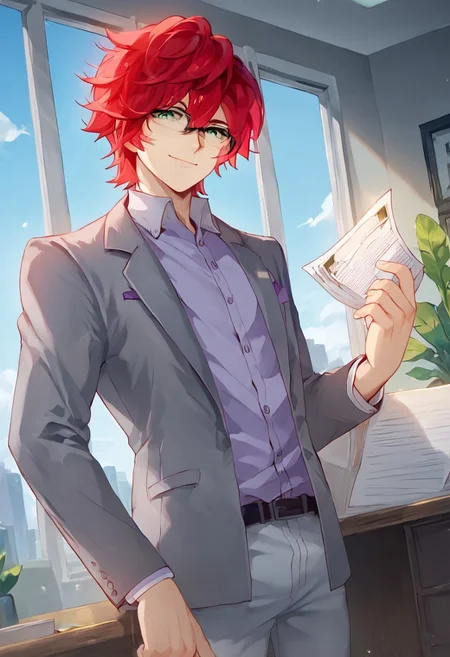 score_9_up, score_8_up, score_7_up, source_anime, extreme detail description, 1boy, solo, hiroto_ie, red hair, green eyes, eyewear, purple shirt, gray coat, white pants, leaning on table, holding papers, smile, closed mouth, from below, looking down at viewer, dutch angle, office, office background, window, light filtering through the window, expressiveh