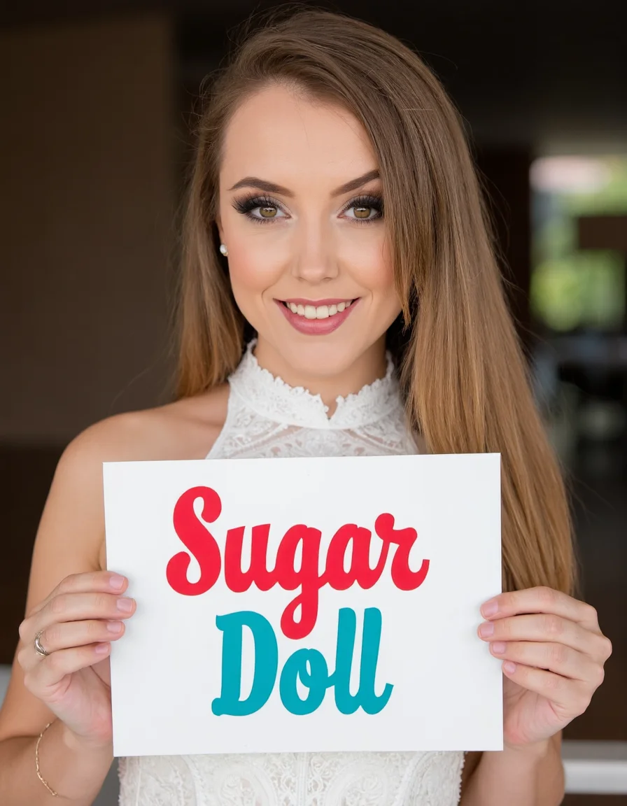 High quality photo of a beautiful smiling woman in a high neck wedding dress, the bride is holding a sign with "Sugar Doll" in red and blue letters. She is looking at viewer