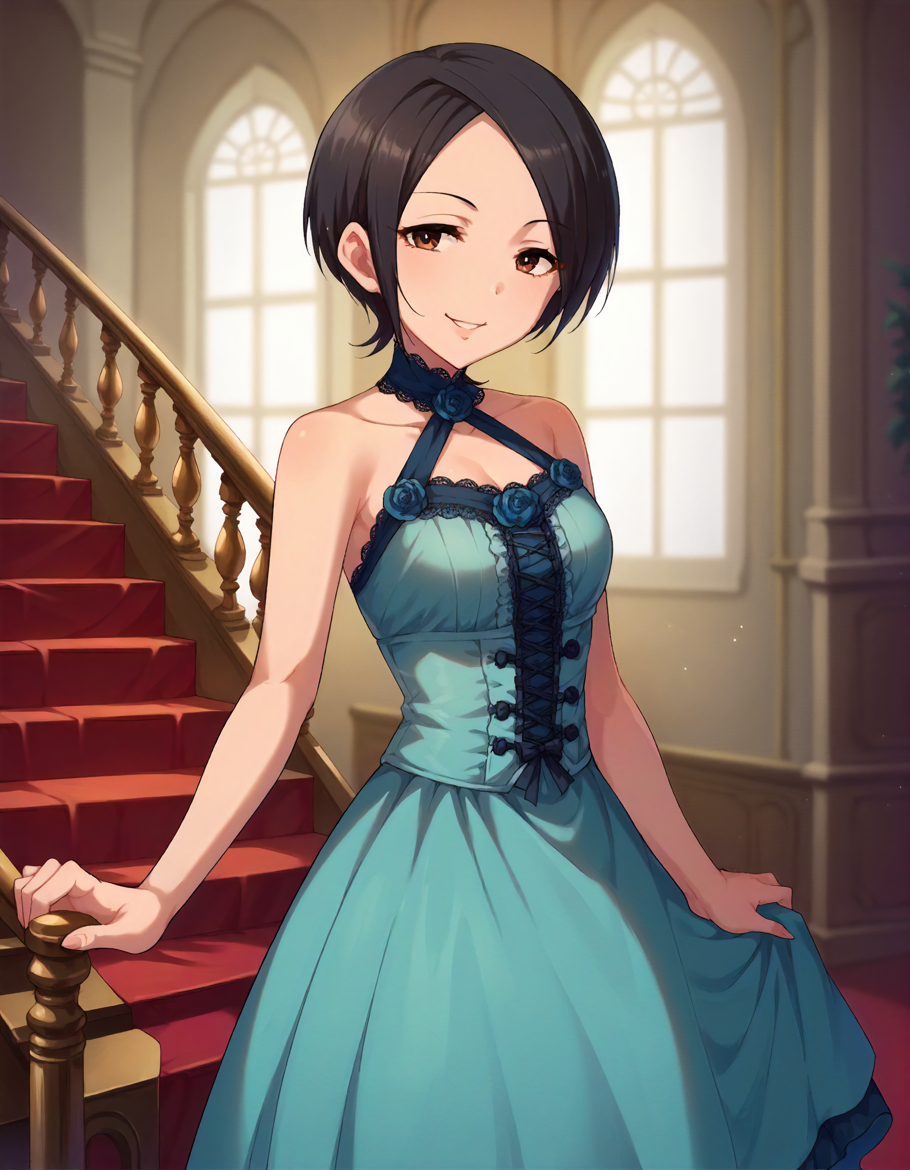 score_9,score_8_up,score_7_up,1girl,solo,standing,looking at viewer,smile,indoors,victorian,stair,blurry background,
<lora:tougouai_ponyXLV6:0.8>,cgtai,black hair,short hair,brown eyes, 
cyan halter dress