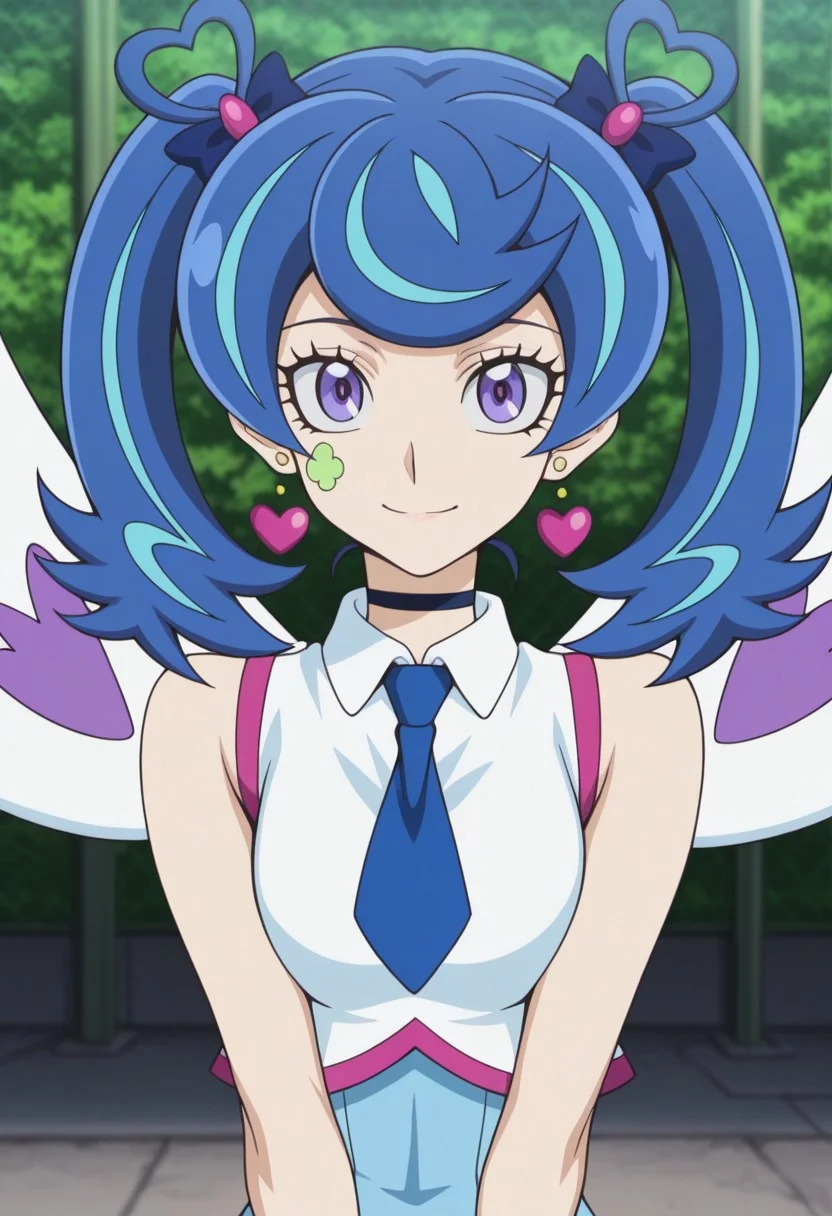 masterpiece,best quality,amazing quality, source_anime,
AoiZaizen,1girl, solo, blue angel outfit, purple eyes, blue hair, multicolored hair, hair bow, choker, twintails, facial tattoo, earring, heart earrings, shirt, white shirt, sleeveless, necktie, blue necktie, wings, smile,
outdoor, futuristic, neon,
