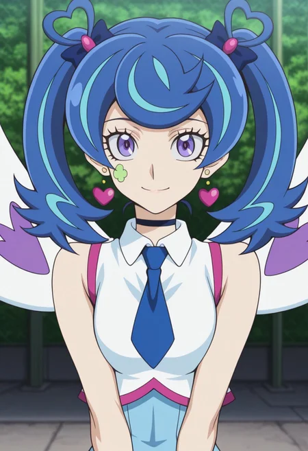 masterpiece,best quality,amazing quality, source_anime,
AoiZaizen,1girl, solo, blue angel outfit, purple eyes, blue hair, multicolored hair, hair bow, choker, twintails, facial tattoo, earring, heart earrings, shirt, white shirt, sleeveless, necktie, blue necktie, wings, smile,
outdoor, futuristic, neon,