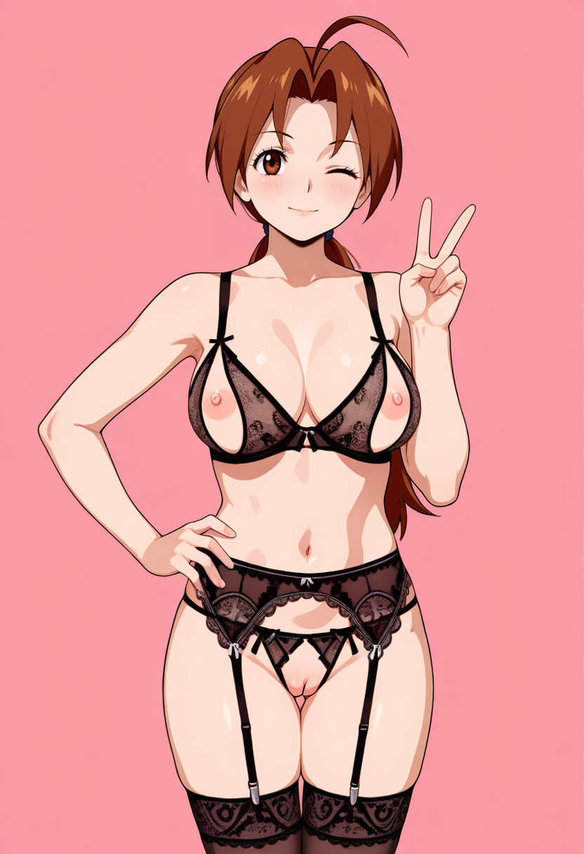 masterpiece,best quality,absurdres, amazing quality, uncensored,
1girl, solo,
standing, hand on own hip, 
looking at viewer, one eye closed, v,
<lora:Open_Lingerie:1> 0p3nl1ng3r13, nipples, thighhighs, garter straps, garter belt, bra,
simple background, pink background,  delia ketchum,  mature female, medium breasts,